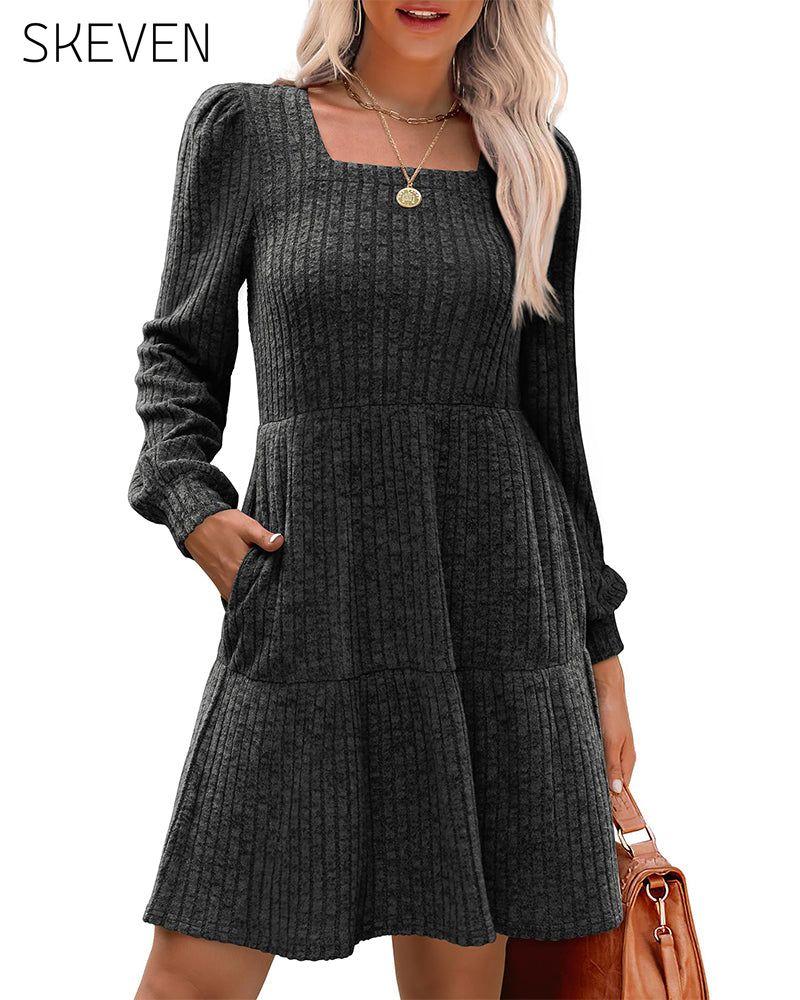 🍂2025 Autumn New Style⏰Women's Square Neck Lantern Sleeve Ribbed Dress