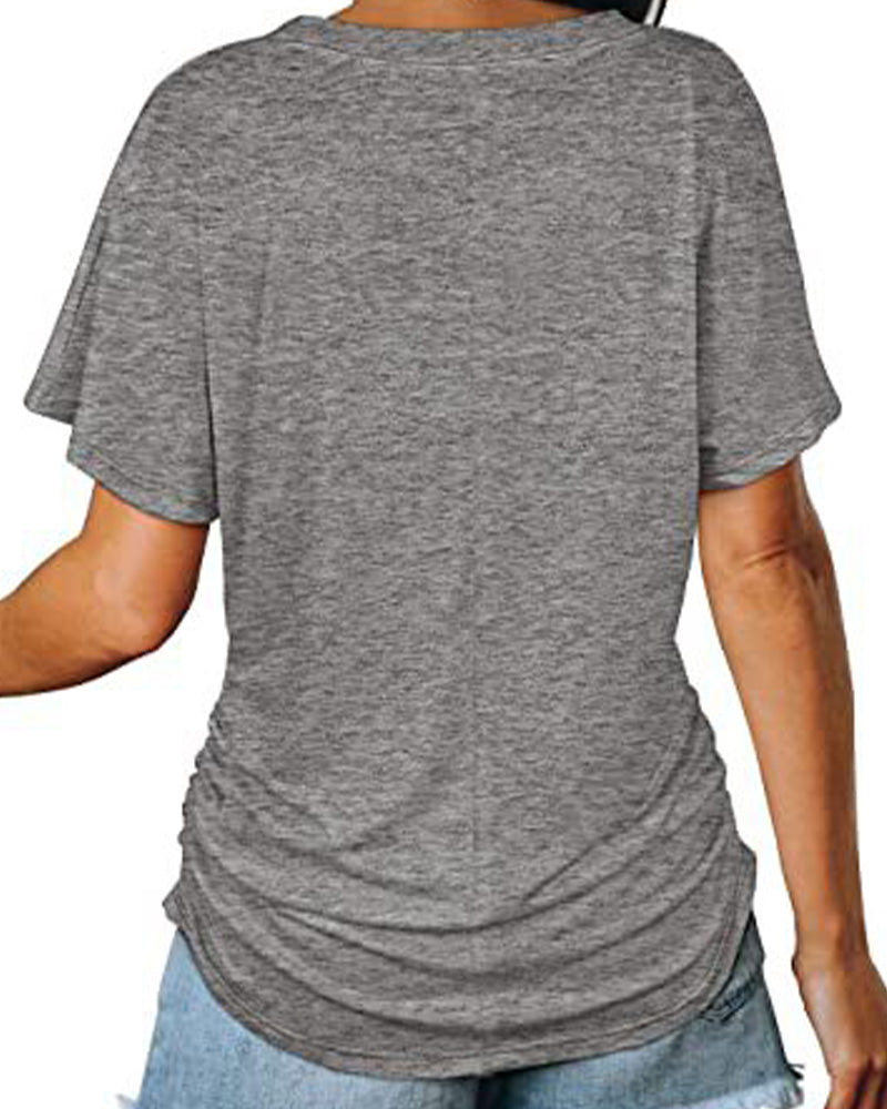 Pleated Solid Color V-Neck T-Shirt