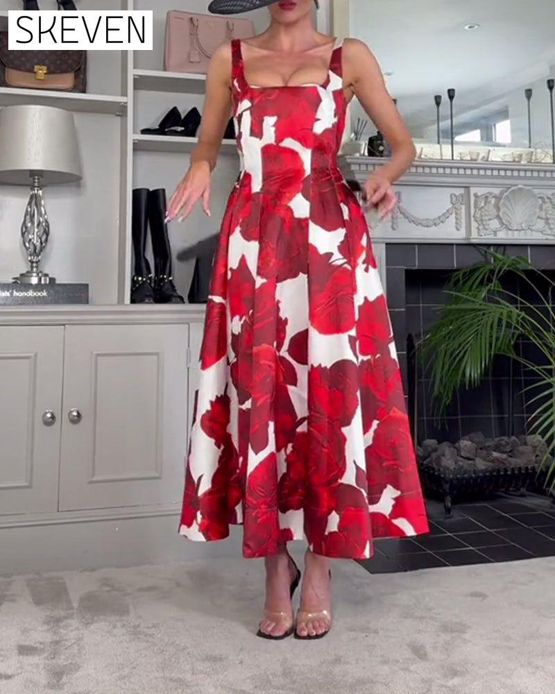 Elegant rose print pleated cami dress 202466 casual dresses summer