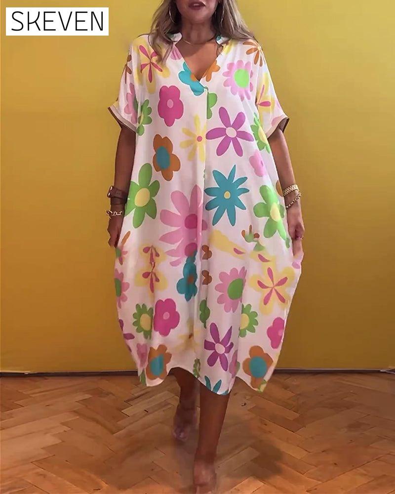Loose V-neck floral print dress