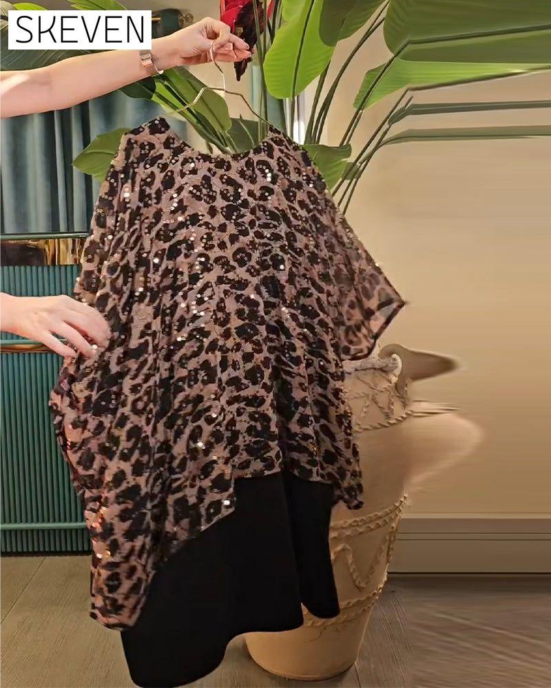 Leopard Print Sequined Batwing Sleeve T-Shirt