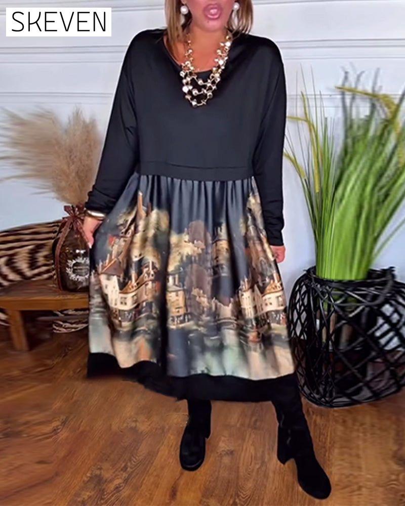Lässiges, bedrucktes Langarmkleid