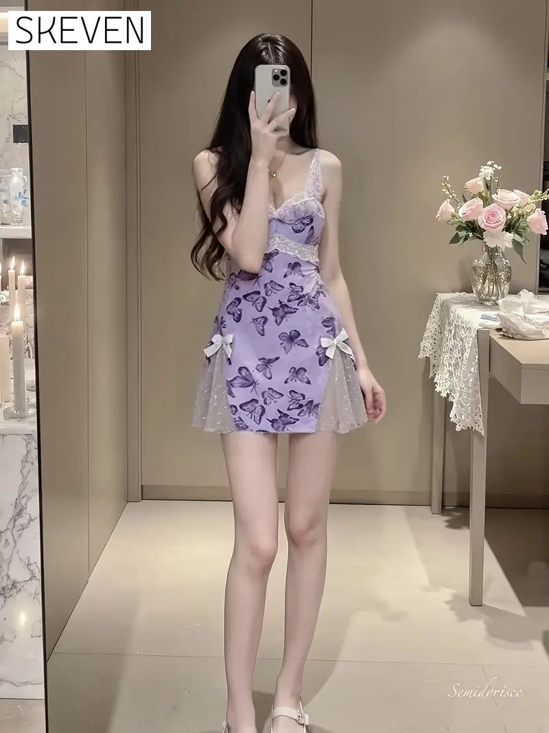 Women's Slim Fit Low V Lace-Up Butterfly Print Camisole Nightgown with Bralette and Backless Loungewear Set