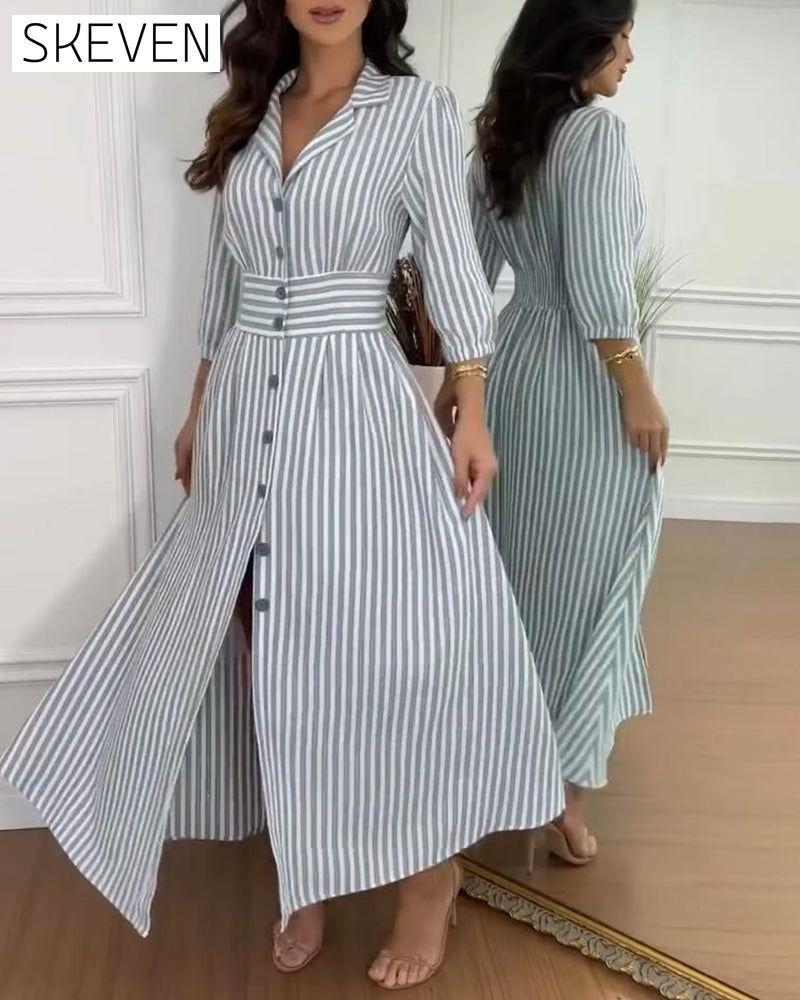 Stripe print lapel button elegant dress 202466 casual dresses spring summer