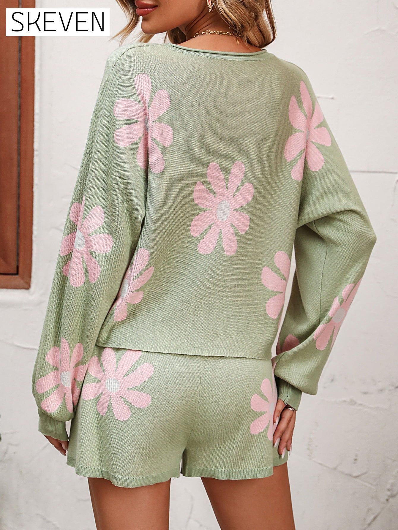 Floral Print Raglan Sleeve Knit Top and Tie Front Sweater Shorts Set clothes lounge lounge wear loungewear Mandy sets Ship From Overseas trend