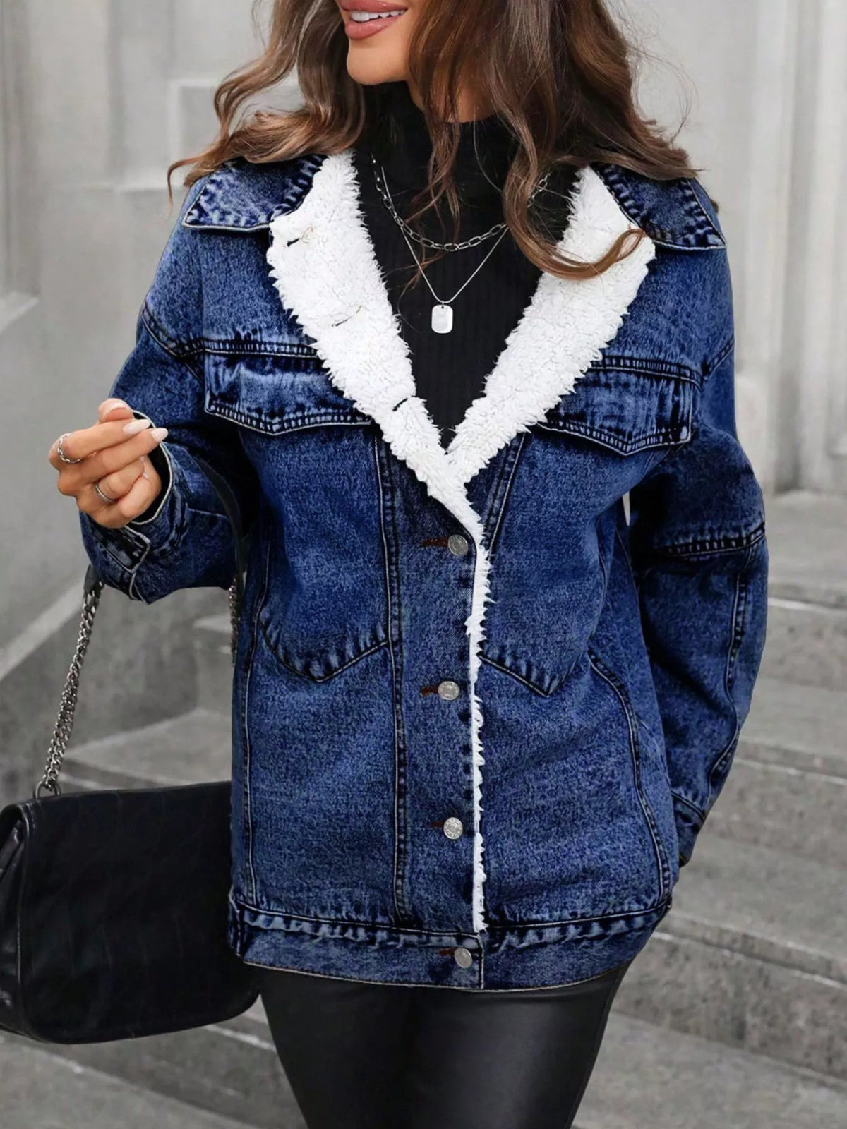 Sherpa-Lined Button Up Denim Jacket