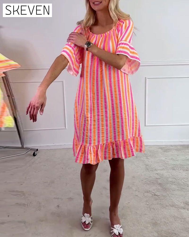 Round Neck Striped Pleated Shift Dress