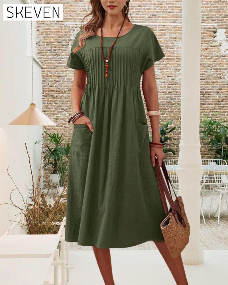 Pleated Short Sleeve Cotton And Linen Dress