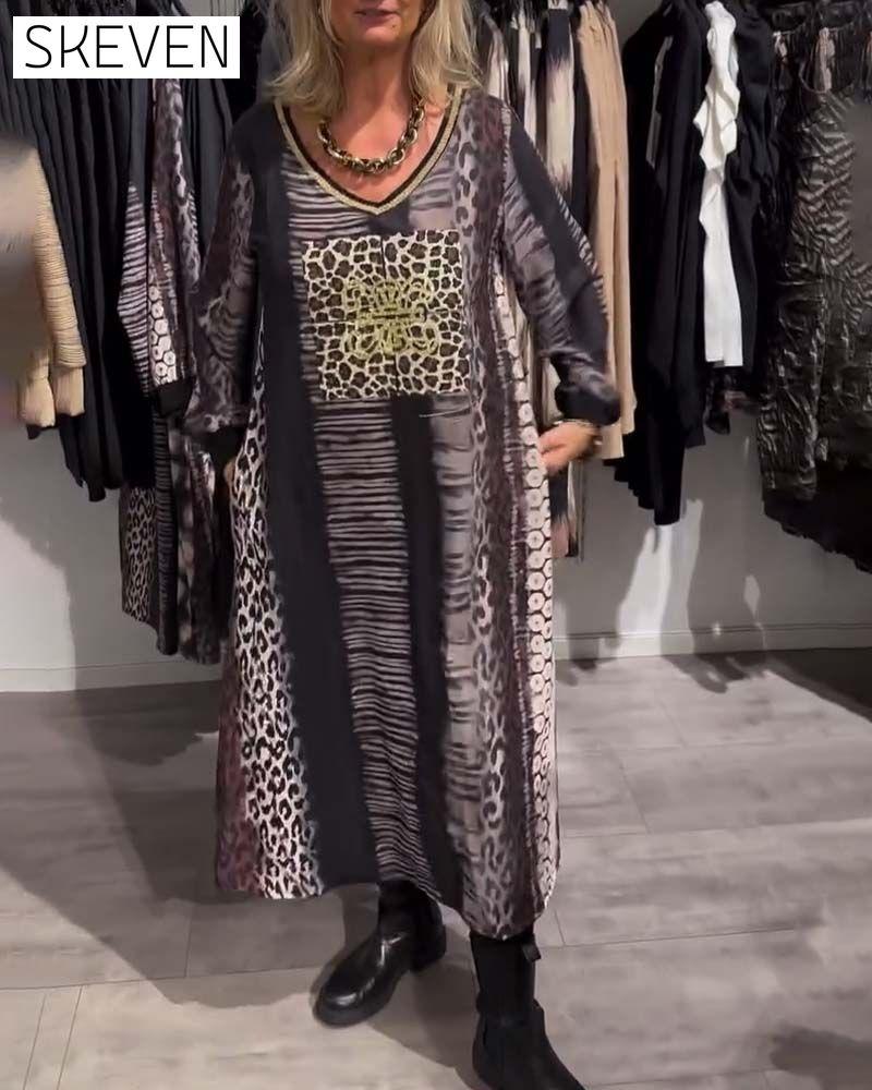 Casual V-Neck Leopard Print Dress