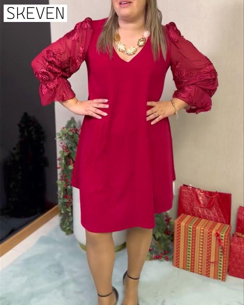 Puff Sleeve Tulle Panels V-Neck Loose Dress