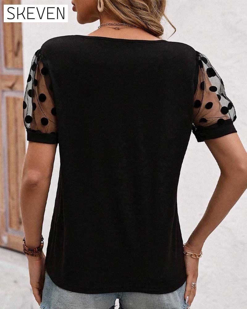 Polka Dot Mesh Contrast Short Puff Sleeve T-Shirt spring summer t-shirts