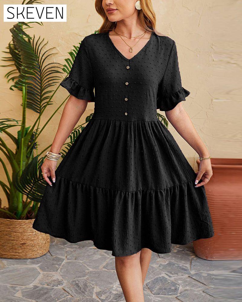 Elegantes, geknöpftes Rüschenkleid in A-Linie