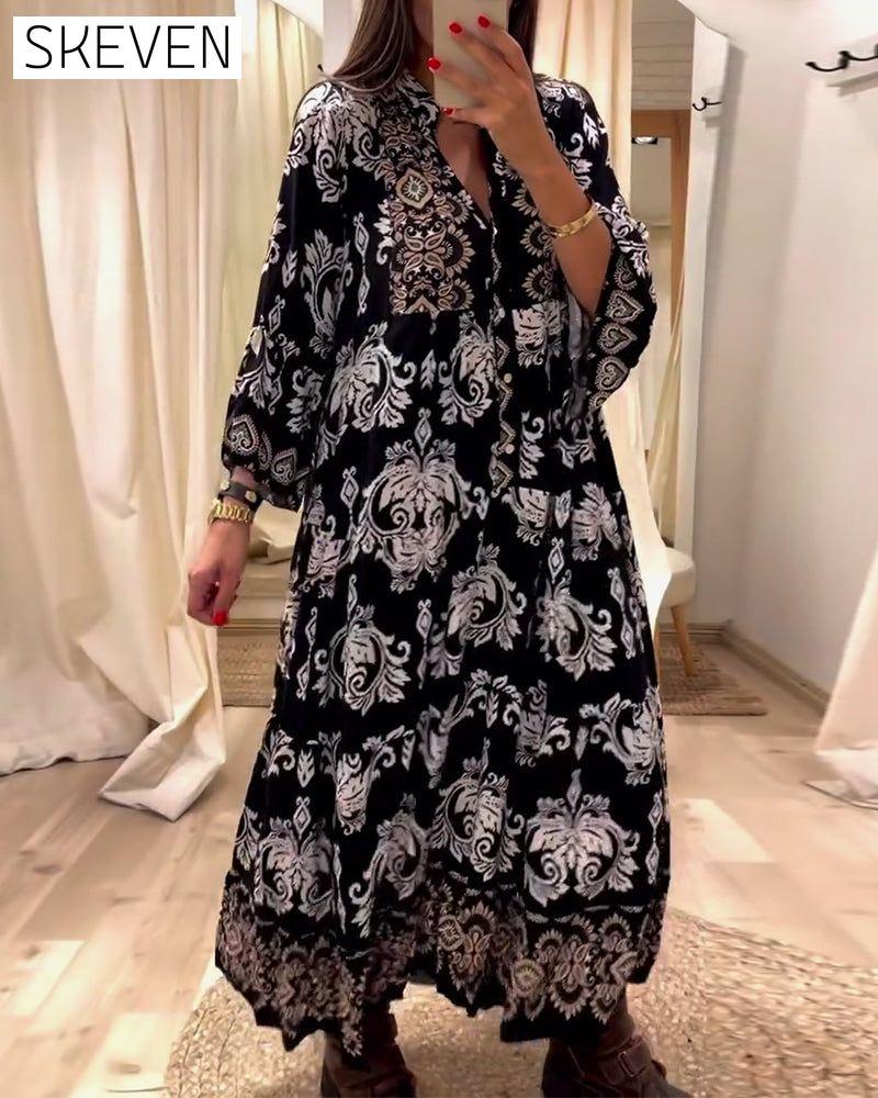 Vintage bedrucktes, plissiertes, locker sitzendes Kleid