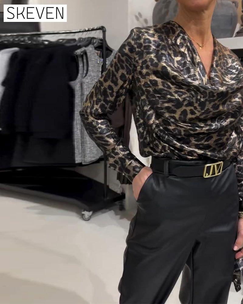 Stylish Leopard Print Shirt With Draped Collar