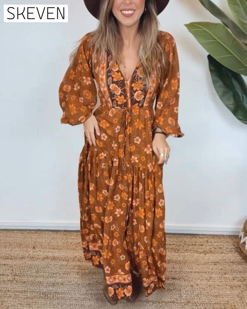 Vintage floral print V-neck lantern sleeve dress