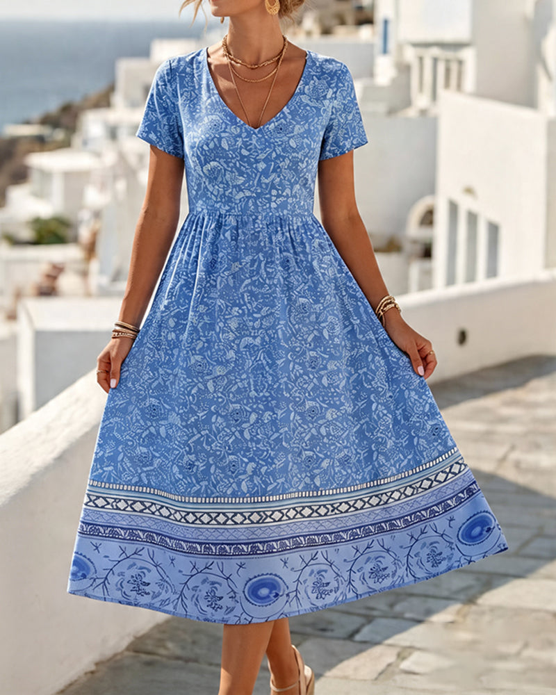 Bohemian Print V-Nee Waist Tie Dress