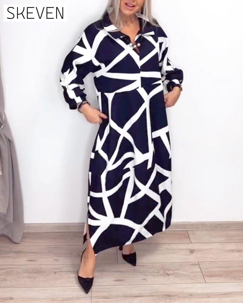Lapel Loose Geometric Print Dress