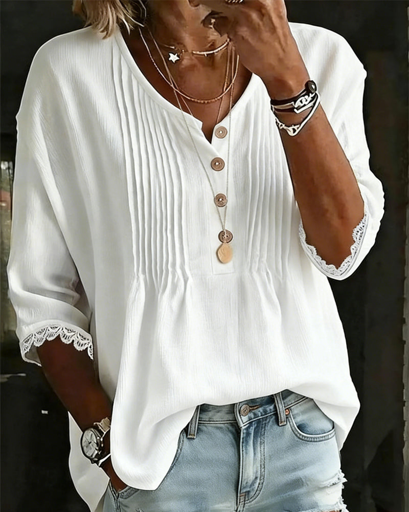 Pleated Button Lace Half Sleeve Blouse