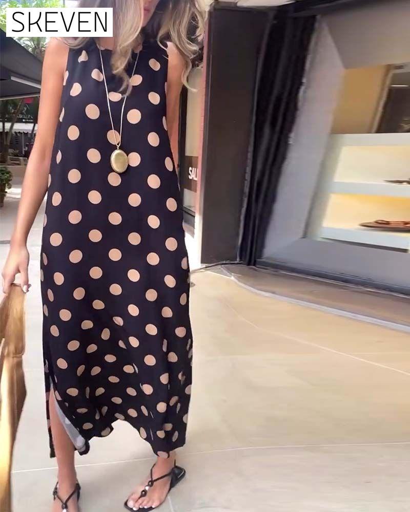 Robe maxi fendue sans manches à pois