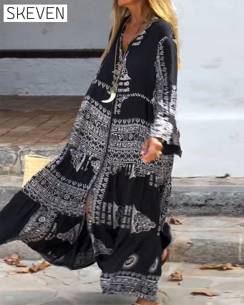 Retro contrast print long sleeve casual dress casual dresses spring summer vacation dresses