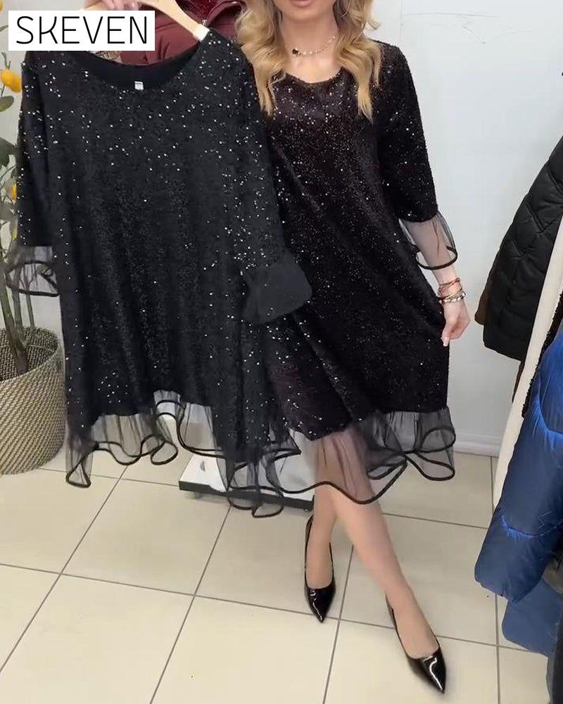 Flared Sleeve Sequined Fashion Dress