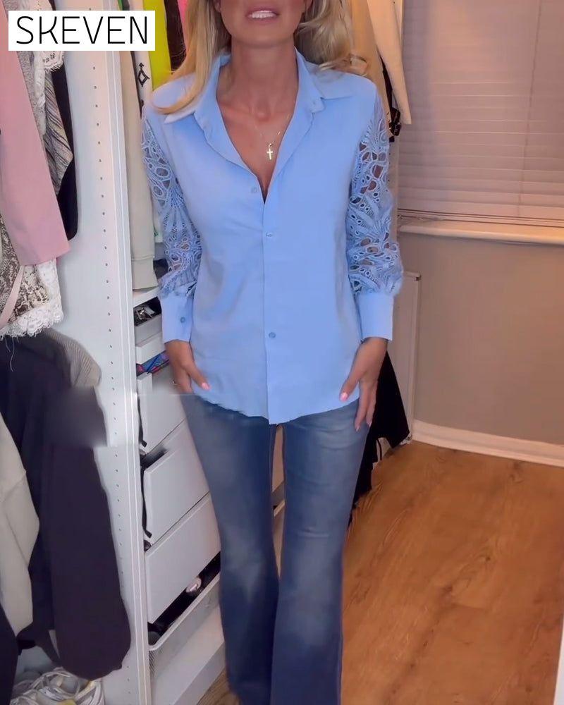 chemise unie à revers et manches en dentelle