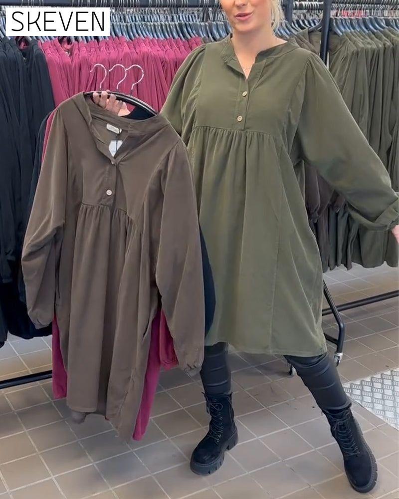 Langarmkleid mit Knopfleiste und V-Ausschnitt