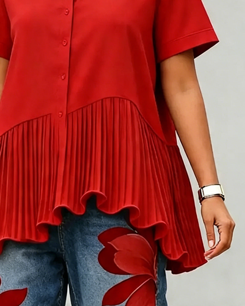 Asymmetrical Pleated Hem Lapel Blouse