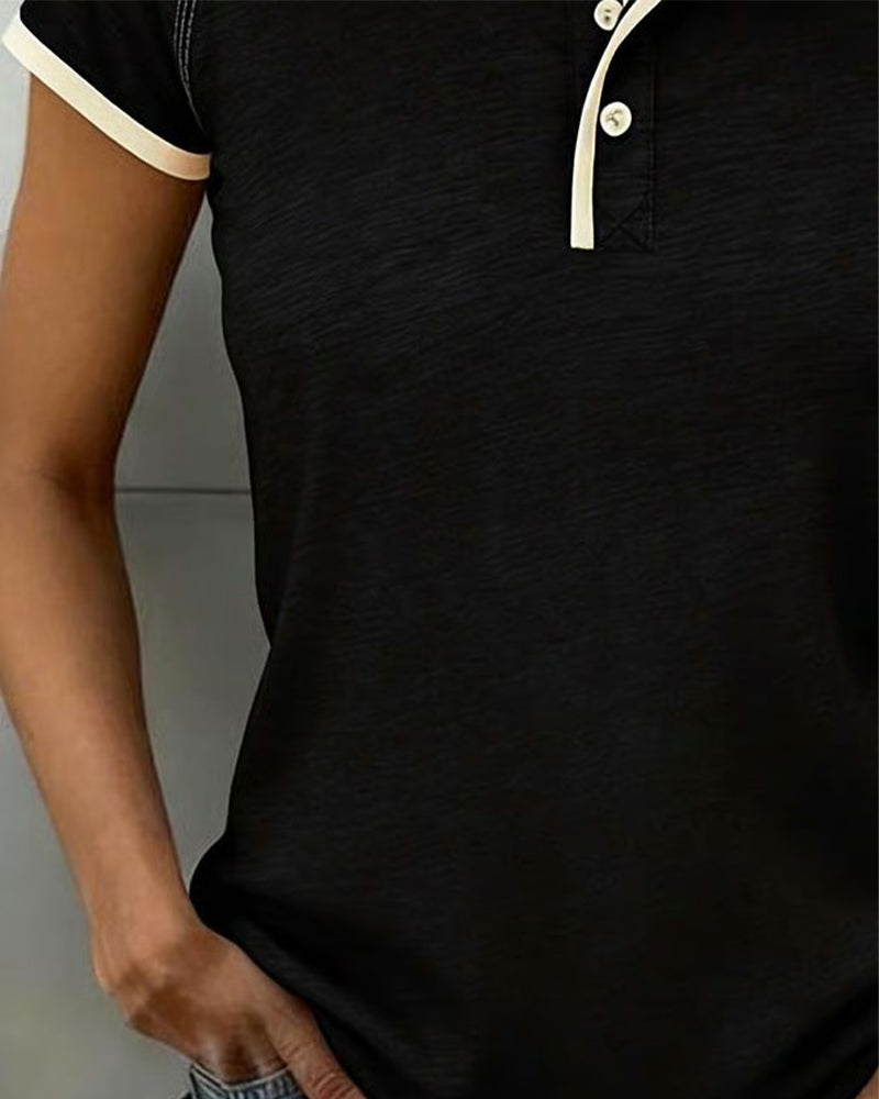 Color-Blocked Button-Down Slim Fit T-Shirt