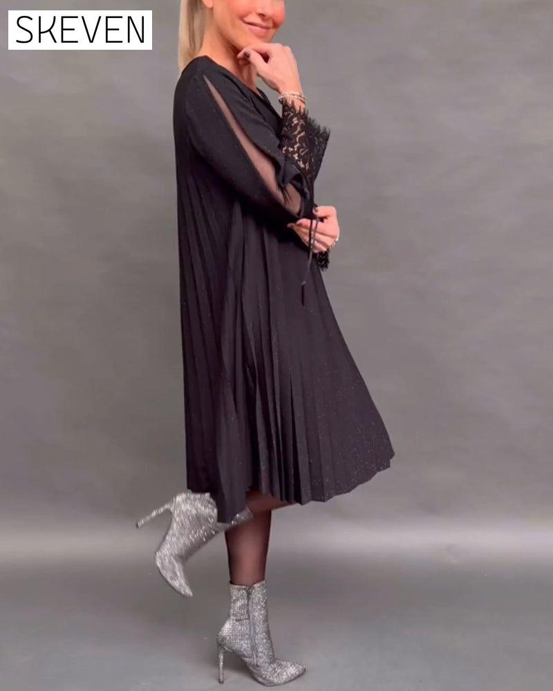 robe plissée en dentelle patchwork de couleur unie