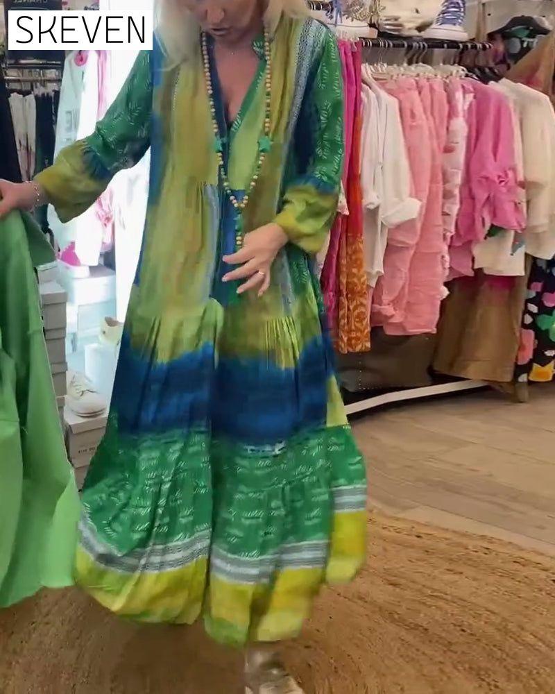 Printed casual V-neck flare sleeve long dress casual dresses spring summer vacation dresses