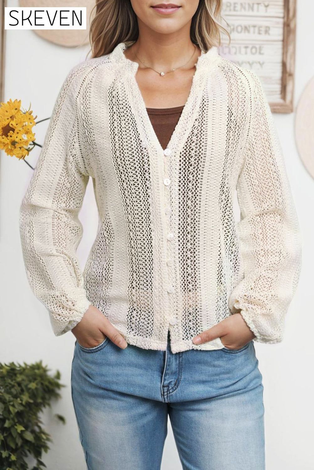 White V-Neck Long Sleeve Button Up Lace Shirt All In Stock Best Sellers clothes Early Fall Collection EDM Monthly Recomend Fabric Lace long sleeve shirt long sleeve shirts Occasion Daily Print Solid Color Season Spring shirt shirts Style Elegant top tops