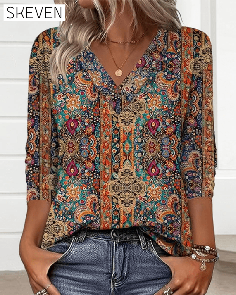Retro-Bluse mit Print und V-Ausschnitt