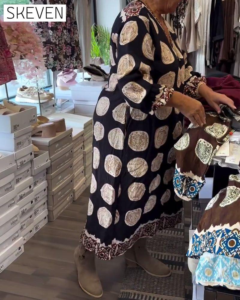 Long-Sleeved V-Neck Printed Dress