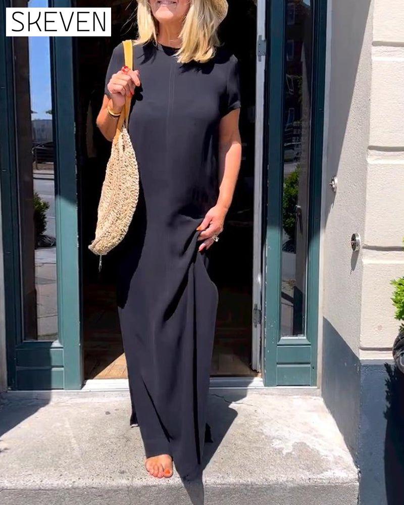 Solid color short sleeve elegant dress casual dresses summer