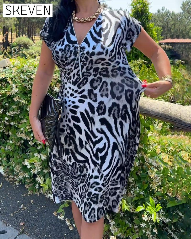 V-Neck Zip-Up Leopard Print Dress
