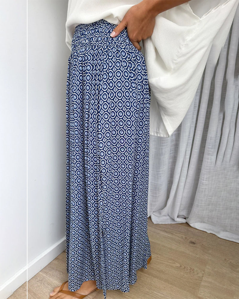 Casual High-Waisted Slit Printed Skirt