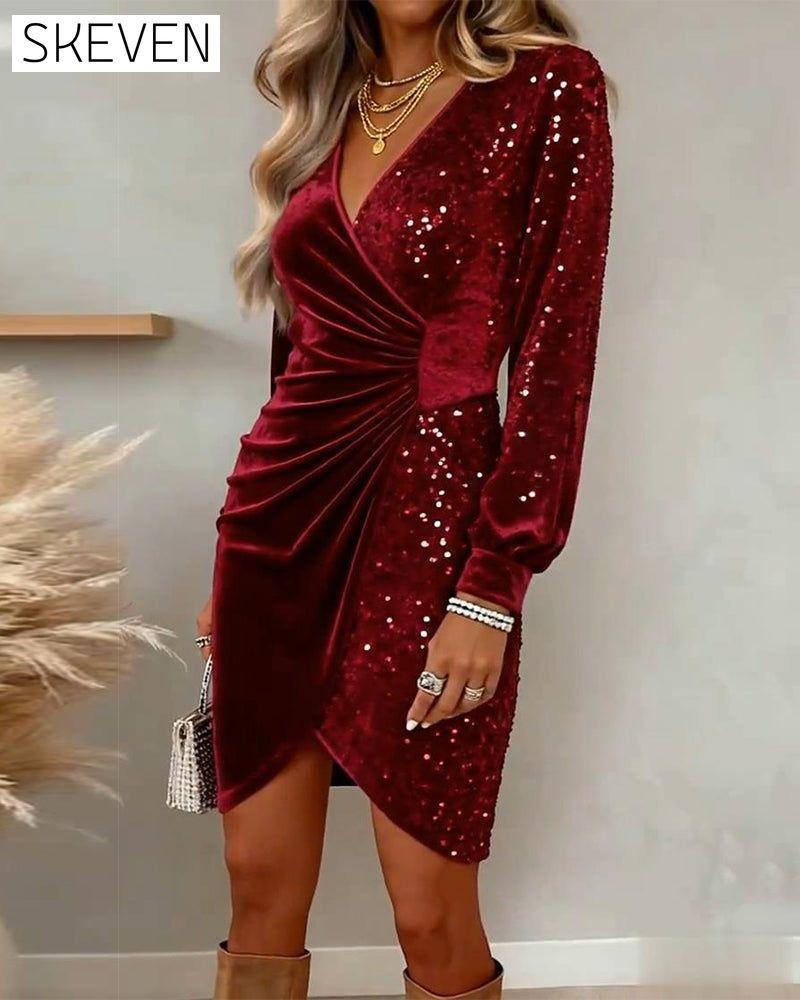 Sexy Pailletten-Samtkleid mit V-Ausschnitt