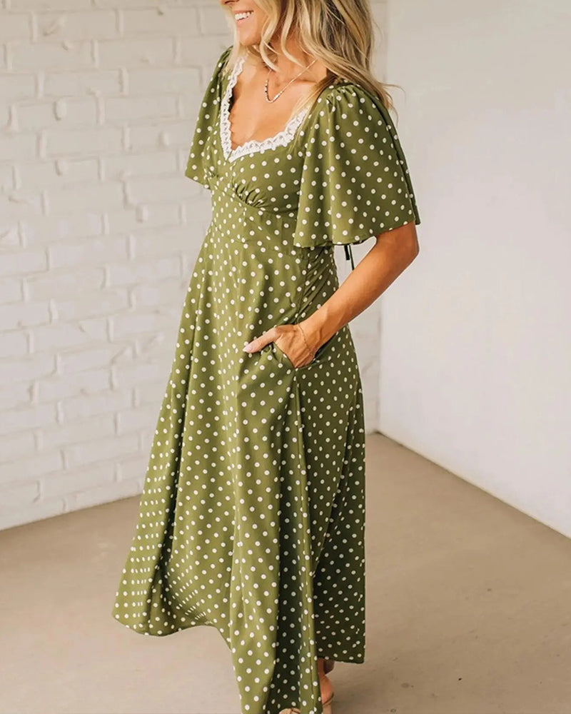 Lace Polka-Dot V-Neck Dress