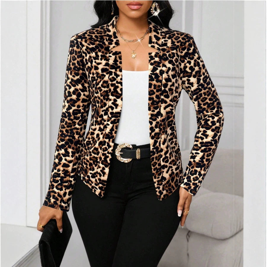 Leopard-print Elegant Petite Blazer Long-sleeve Cardigan Coat Top
