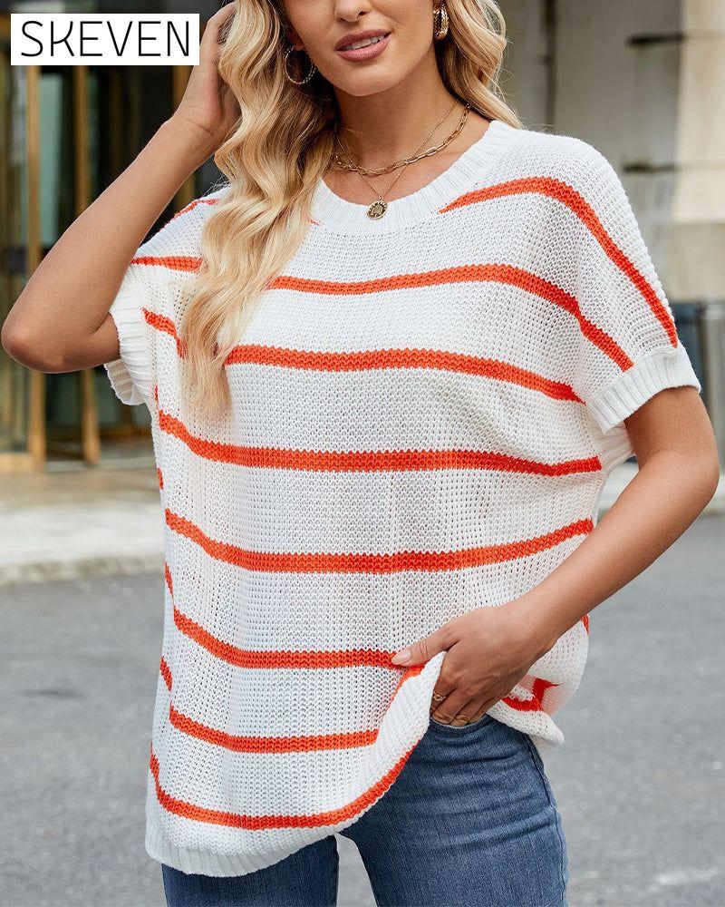Striped Drop Shoulder Short Sleeve Sweater