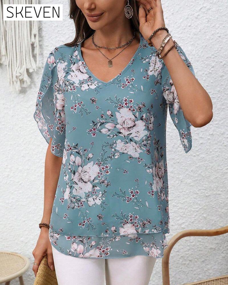 Bluse mit Blütenblattärmeln, V-Ausschnitt und Print