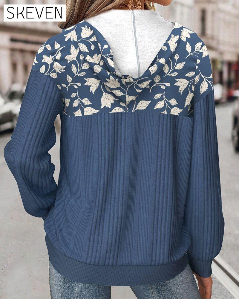Sweat-shirt à capuche zippé à demi-hauteur et imprimé floral