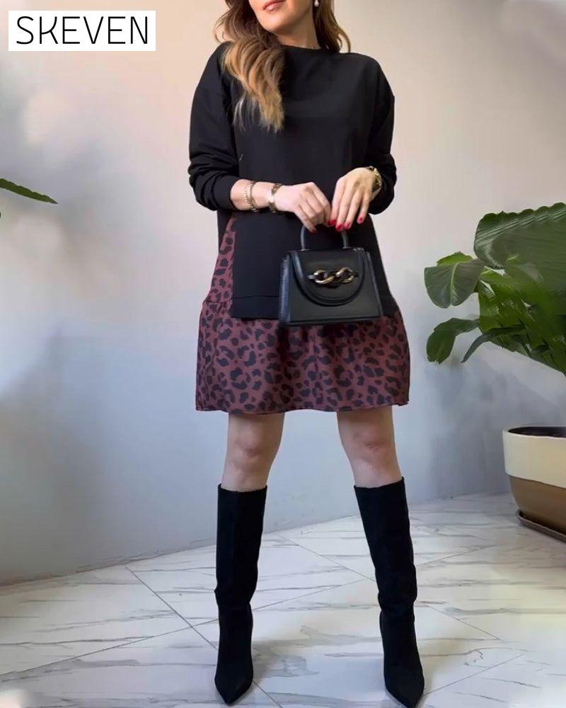 Patchwork leopard print casual dress
