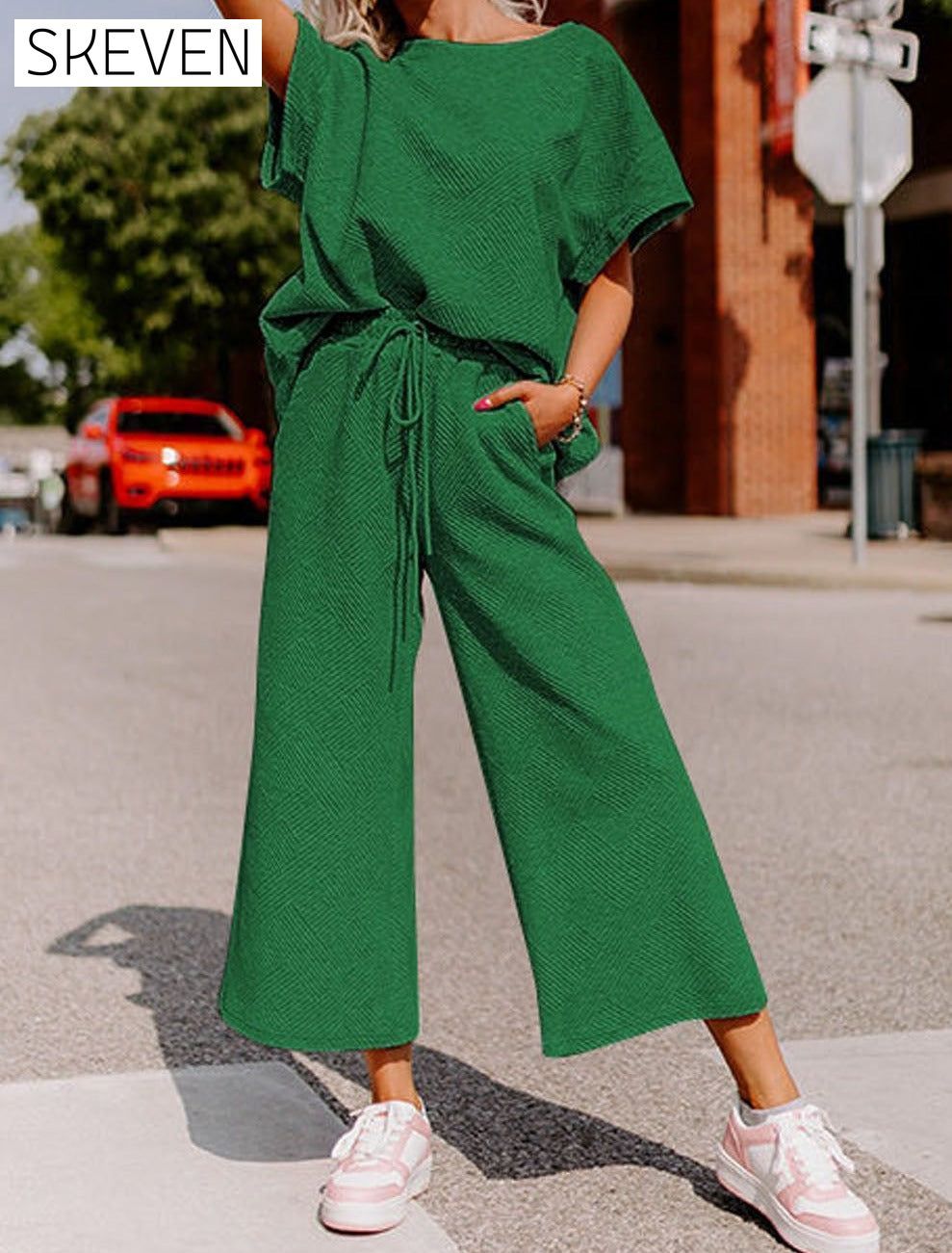 Dark Green Textured Loose Fit T Shirt and Drawstring Pants Set 2 pieces Best Sellers clothes EDM Homewear EDM Monthly Recomend Fabric Ribbed lounge wear Occasion Home pants set Print Solid Color Season Summer sets Silhouette Wide Leg Style Casual