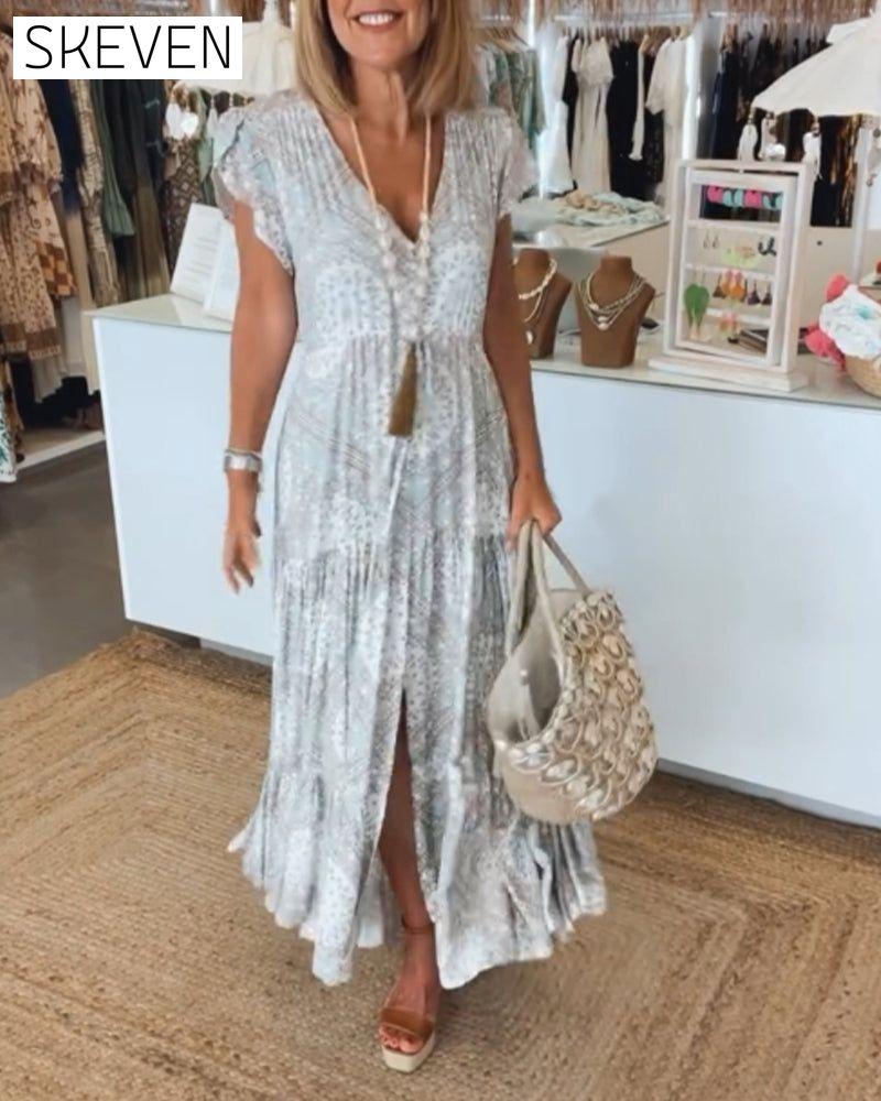 Vacation print V-neck split sleeve dress