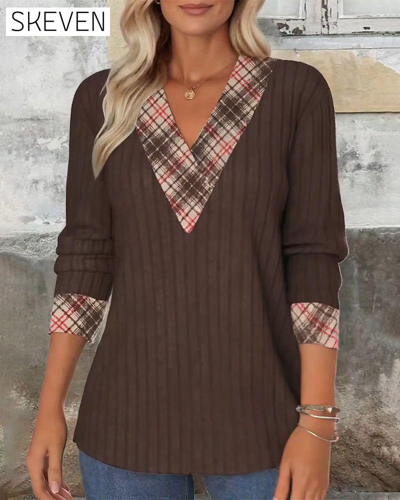 V-Neck Paneled Plaid Knitted Sweater