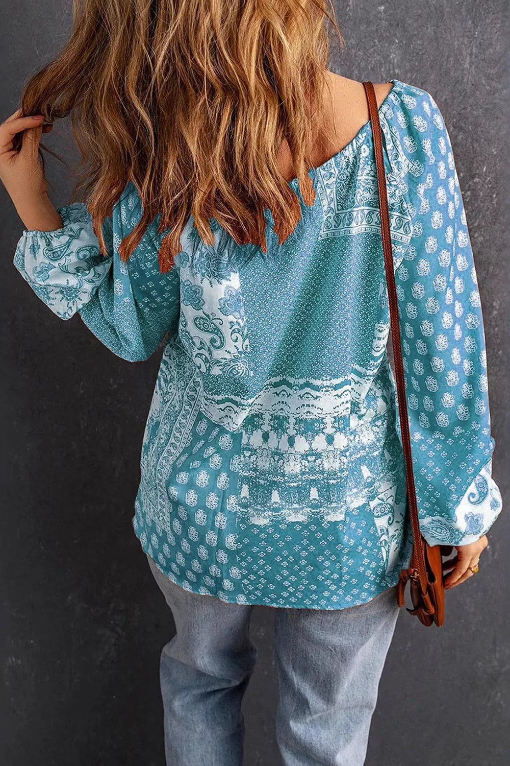 Full Size Paisley Print Tie-Neck Long Sleeve Blouse Plus Size