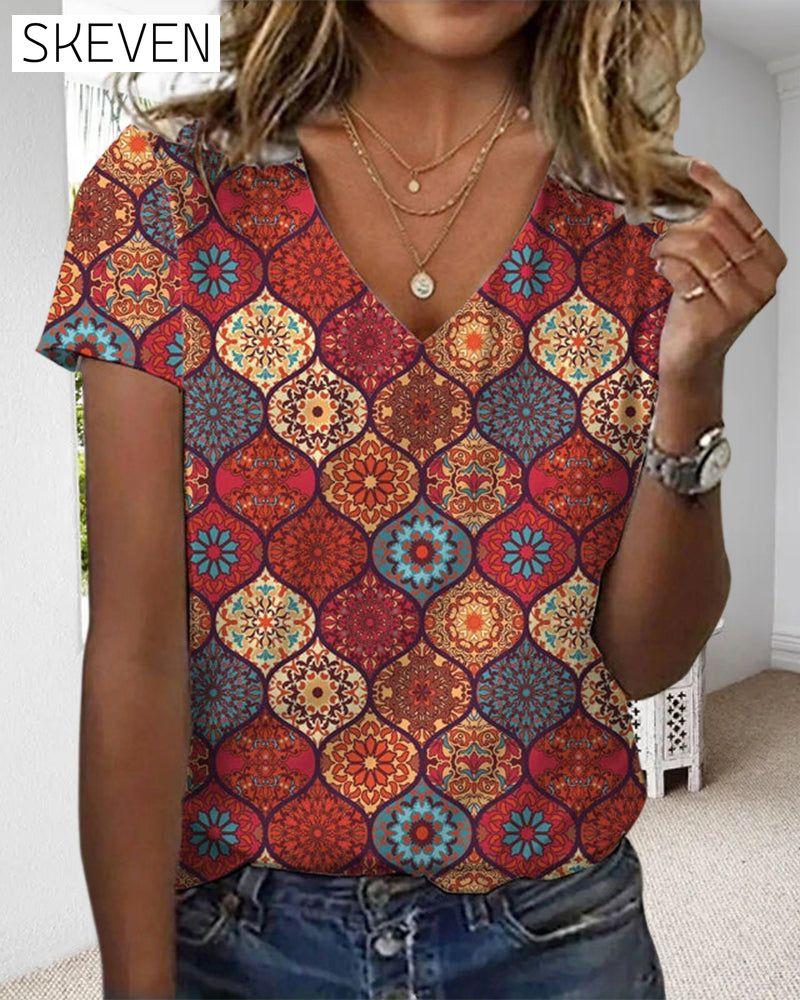 Retro-Print-T-Shirt mit V-Ausschnitt