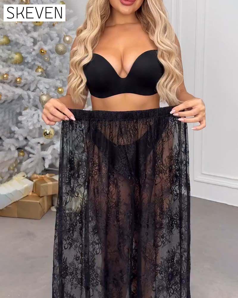 Deep V Fashionable Lotus Lace Skirt Set